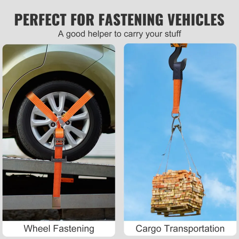 VEVOR Car Tie Down Straps Kit, Lasso Style 2" x 120" Tire Straps, 5512 LBS Working Load, 11023 LBS Breaking Strength, with Flat Hooks for Passenger Car, ATV, Motorcycle, Van, SUV, UTV, Trailer, 4-Pack