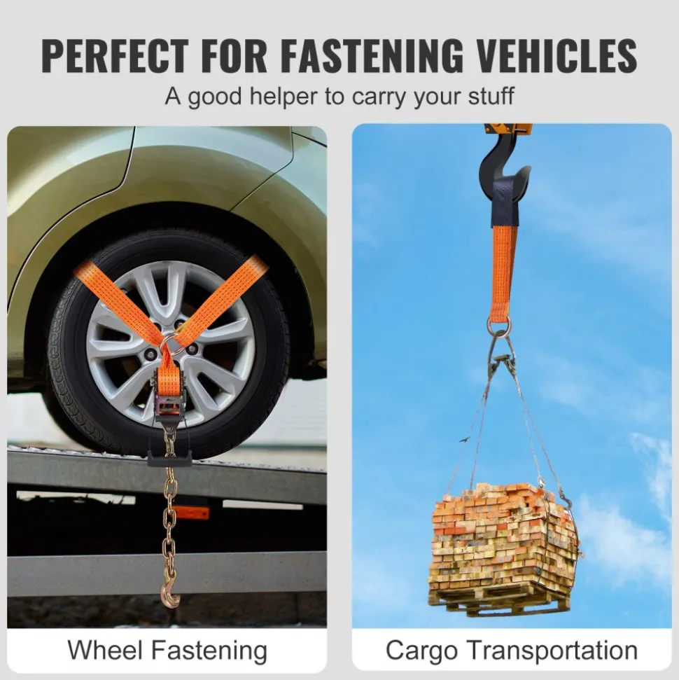 VEVOR Car Tie Down with Chain Anchors, Lasso Style 2"×120" Tire Straps, 5865 LBS Working Load, 11023 LBS Breaking Strength, with Heavy Duty Ratchets for Passenger Car, ATV, SUV, UTV, Truck, 4-Pack