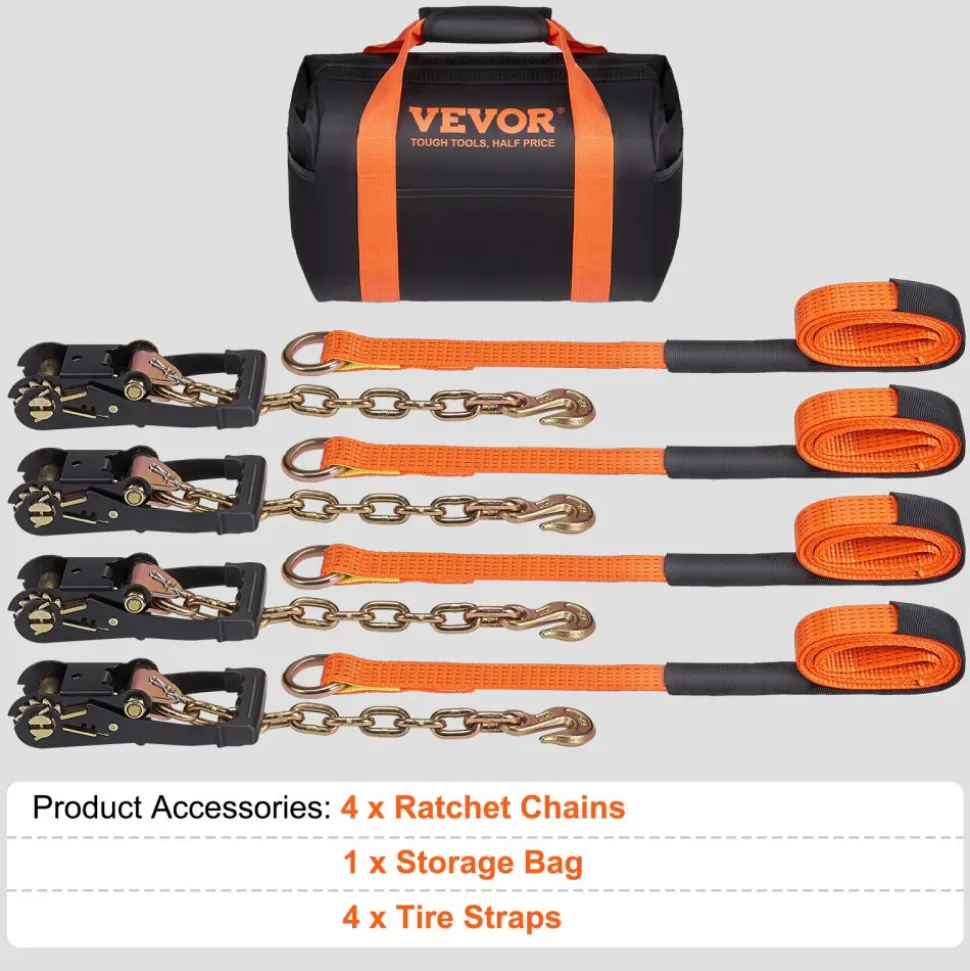 VEVOR Car Tie Down with Chain Anchors, Lasso Style 2"×120" Tire Straps, 5865 LBS Working Load, 11023 LBS Breaking Strength, with Heavy Duty Ratchets for Passenger Car, ATV, SUV, UTV, Truck, 4-Pack