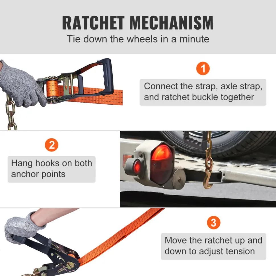 VEVOR Car Tie Down with Chain Anchors, Lasso Style 2"×120" Tire Straps, 5865 LBS Working Load, 11023 LBS Breaking Strength, with Heavy Duty Ratchets for Passenger Car, ATV, SUV, UTV, Truck, 4-Pack