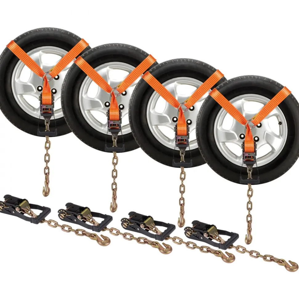 VEVOR Car Tie Down with Chain Anchors, Lasso Style 2"×120" Tire Straps, 5865 LBS Working Load, 11023 LBS Breaking Strength, with Heavy Duty Ratchets for Passenger Car, ATV, SUV, UTV, Truck, 4-Pack