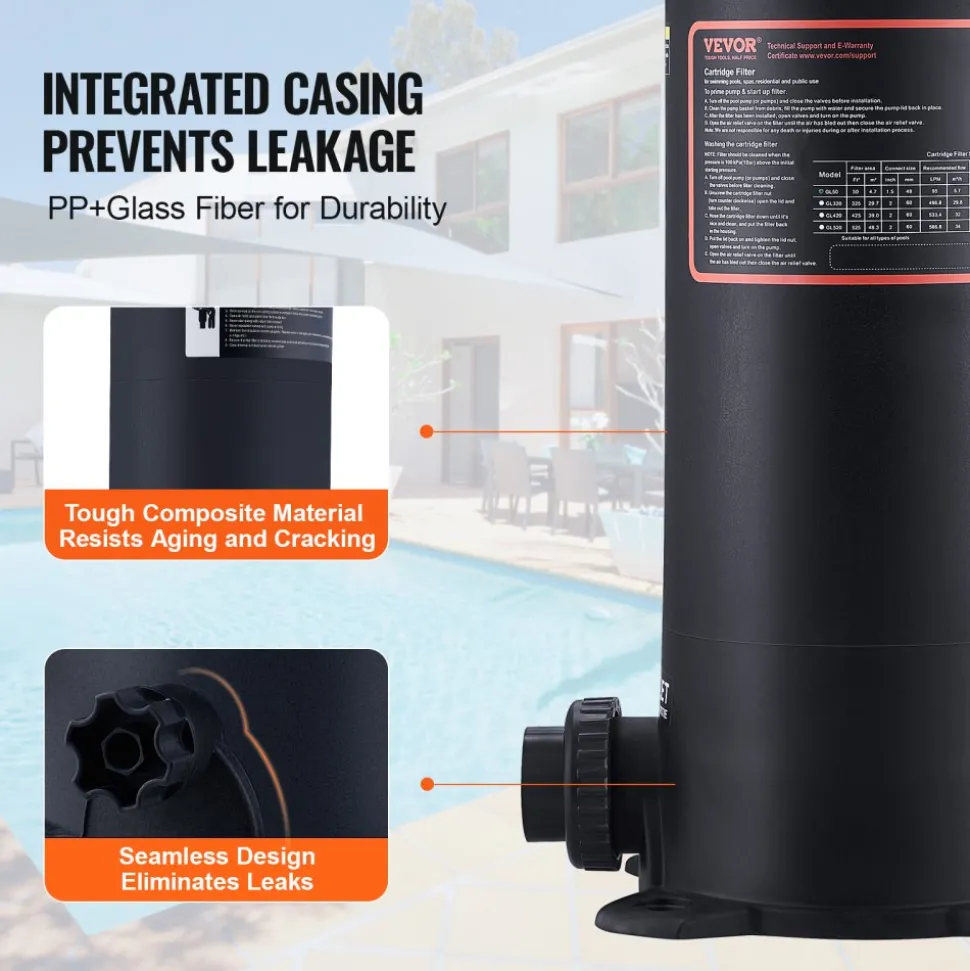 VEVOR Cartridge Pool Filter, 50Sq. Ft Filter Area Inground Pool Filter, Above Ground Swimming Pool Filtration Filter System with Upgrade Filter &Leak-proof Casing, for Hot Tubs, Spa, Inflatable Pool