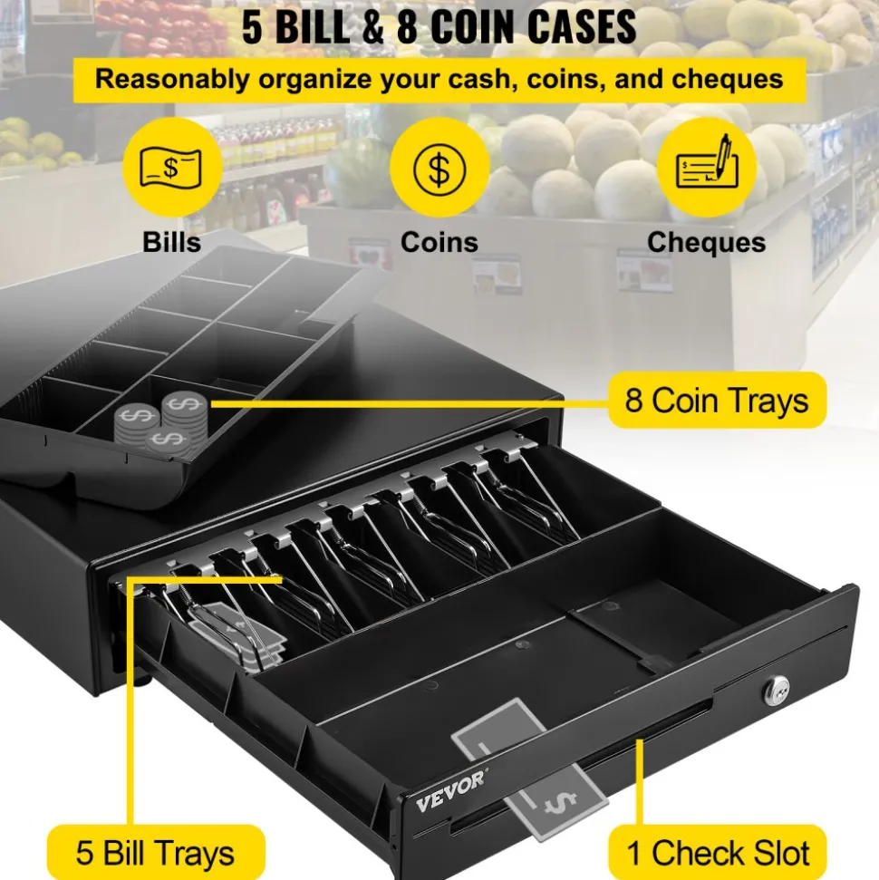 VEVOR Cash Register Drawer, 16" 12 V, for POS System with 5 Bill 8 Coin Cash Tray, Movable Coin Compartment & 2 Keys Included, RJ11/RJ12 Cable for Supermarket, Bar, Coffee Shop, Restaurant (USD Only)