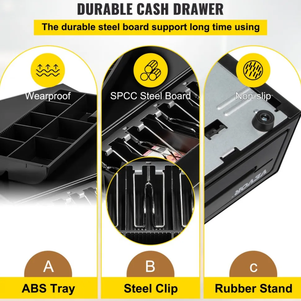 VEVOR Cash Register Drawer, 16" 12 V, for POS System with 5 Bill 8 Coin Cash Tray, Movable Coin Compartment & 2 Keys Included, RJ11/RJ12 Cable for Supermarket, Bar, Coffee Shop, Restaurant (USD Only)