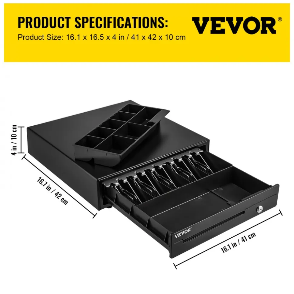 VEVOR Cash Register Drawer, 16" 12 V, for POS System with 5 Bill 8 Coin Cash Tray, Movable Coin Compartment & 2 Keys Included, RJ11/RJ12 Cable for Supermarket, Bar, Coffee Shop, Restaurant (USD Only)