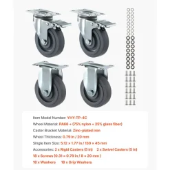 VEVOR Caster Wheels, 5 Inch Heavy Duty Casters, Compatible with VEVOR Insulated Food Pan Carrier, Set of 4 (2 Swivel with Brake, 2 Rigid)