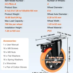 VEVOR Caster Wheels, 6-inch Swivel Plate Casters, Set of 4, with Security A/B Locking No Noise PVC Wheels, Heavy Duty 700 lbs Load Capacity Per Caster, Non-Marking Wheels for Cart Furniture Workbench