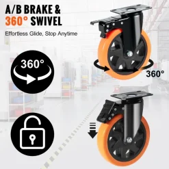 VEVOR Caster Wheels, 6-inch Swivel Plate Casters, Set of 4, with Security A/B Locking No Noise PVC Wheels, Heavy Duty 700 lbs Load Capacity Per Caster, Non-Marking Wheels for Cart Furniture Workbench