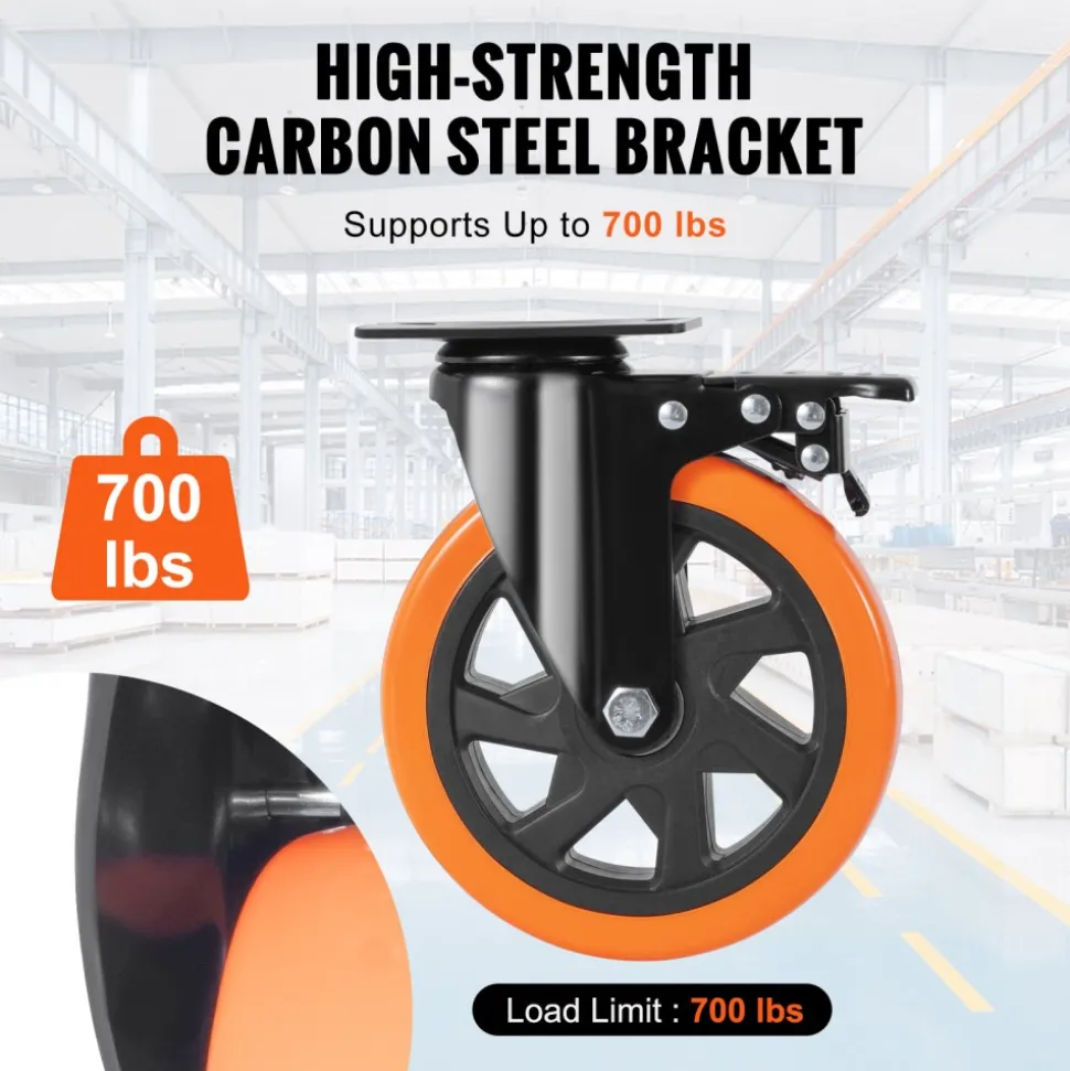 VEVOR Caster Wheels, 6-inch Swivel Plate Casters, Set of 4, with Security A/B Locking No Noise PVC Wheels, Heavy Duty 700 lbs Load Capacity Per Caster, Non-Marking Wheels for Cart Furniture Workbench