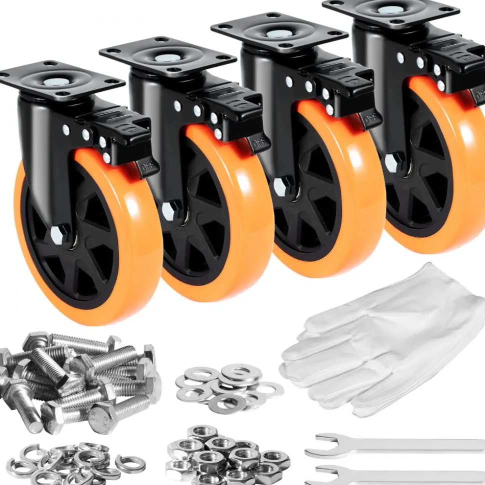 VEVOR Caster Wheels, 6-inch Swivel Plate Casters, Set of 4, with Security A/B Locking No Noise PVC Wheels, Heavy Duty 700 lbs Load Capacity Per Caster, Non-Marking Wheels for Cart Furniture Workbench