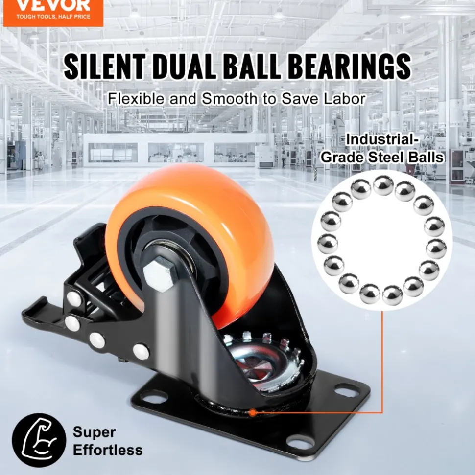 VEVOR Caster Wheels, 3-inch Swivel Plate Casters, Set of 4, with Security A/B Locking No Noise PVC Wheels, Heavy Duty 250 lbs Load Capacity Per Caster, Non-Marking Wheels for Cart Furniture Workbench