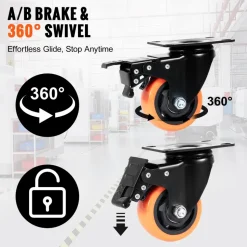 VEVOR Caster Wheels, 2-inch Swivel Plate Casters, Set of 4, with Security Dual Locking No Noise PVC Wheels, Heavy Duty 150 lbs Load Capacity Per Caster, Non-Marking Wheels for Cart Furniture Workbench
