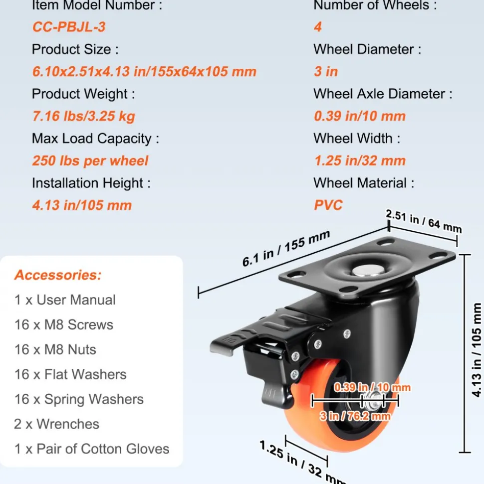 VEVOR Caster Wheels, 3-inch Swivel Plate Casters, Set of 4, with Security A/B Locking No Noise PVC Wheels, Heavy Duty 250 lbs Load Capacity Per Caster, Non-Marking Wheels for Cart Furniture Workbench
