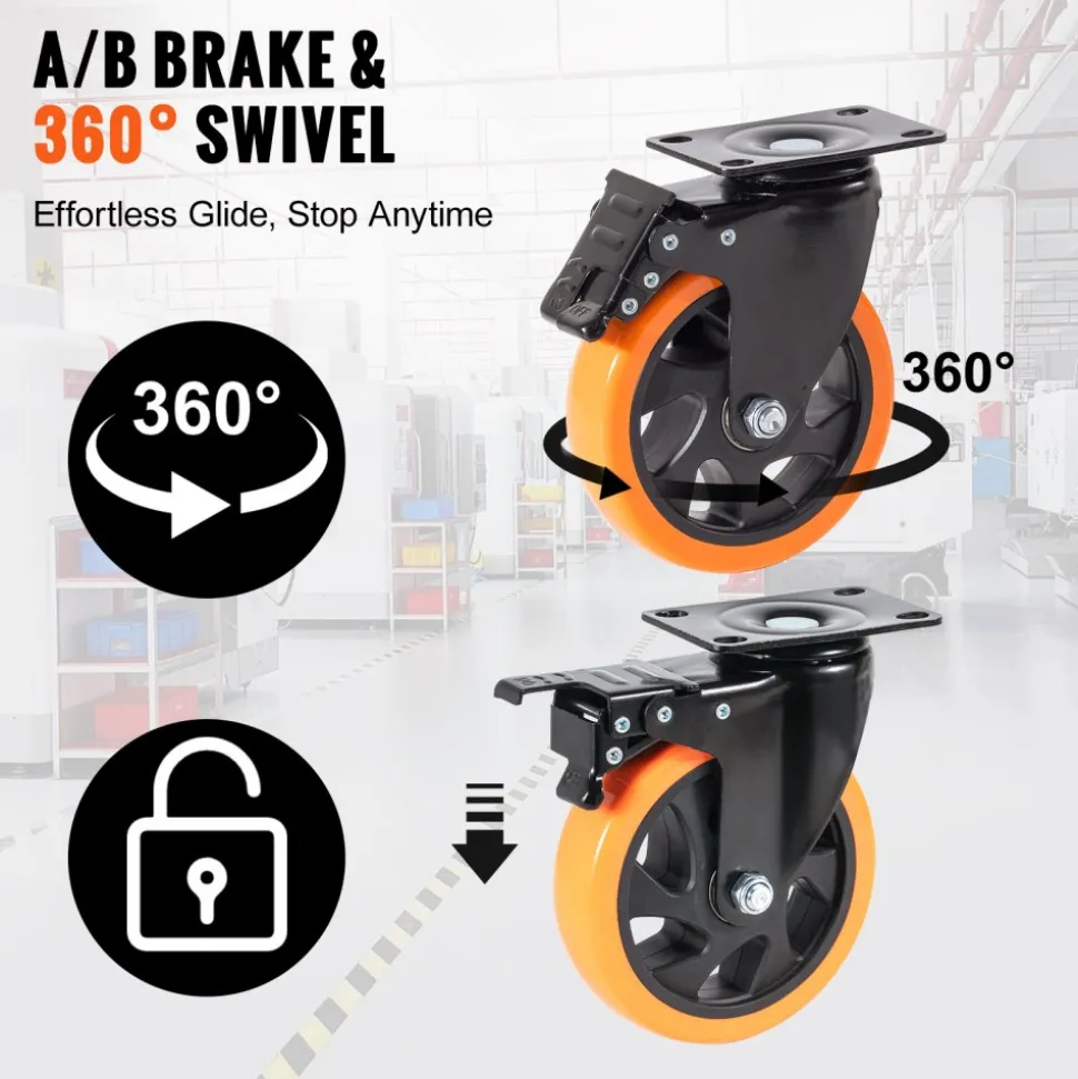 VEVOR Caster Wheels, 5-inch Swivel Plate Casters, Set of 4, with Security A/B Locking No Noise PVC Wheels, Heavy Duty 450 lbs Load Capacity Per Caster, Non-Marking Wheels for Cart Furniture Workbench