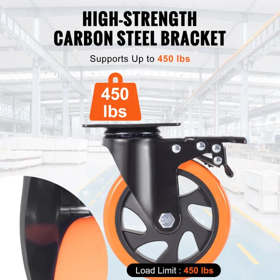 VEVOR Caster Wheels, 5-inch Swivel Plate Casters, Set of 4, with Security A/B Locking No Noise PVC Wheels, Heavy Duty 450 lbs Load Capacity Per Caster, Non-Marking Wheels for Cart Furniture Workbench
