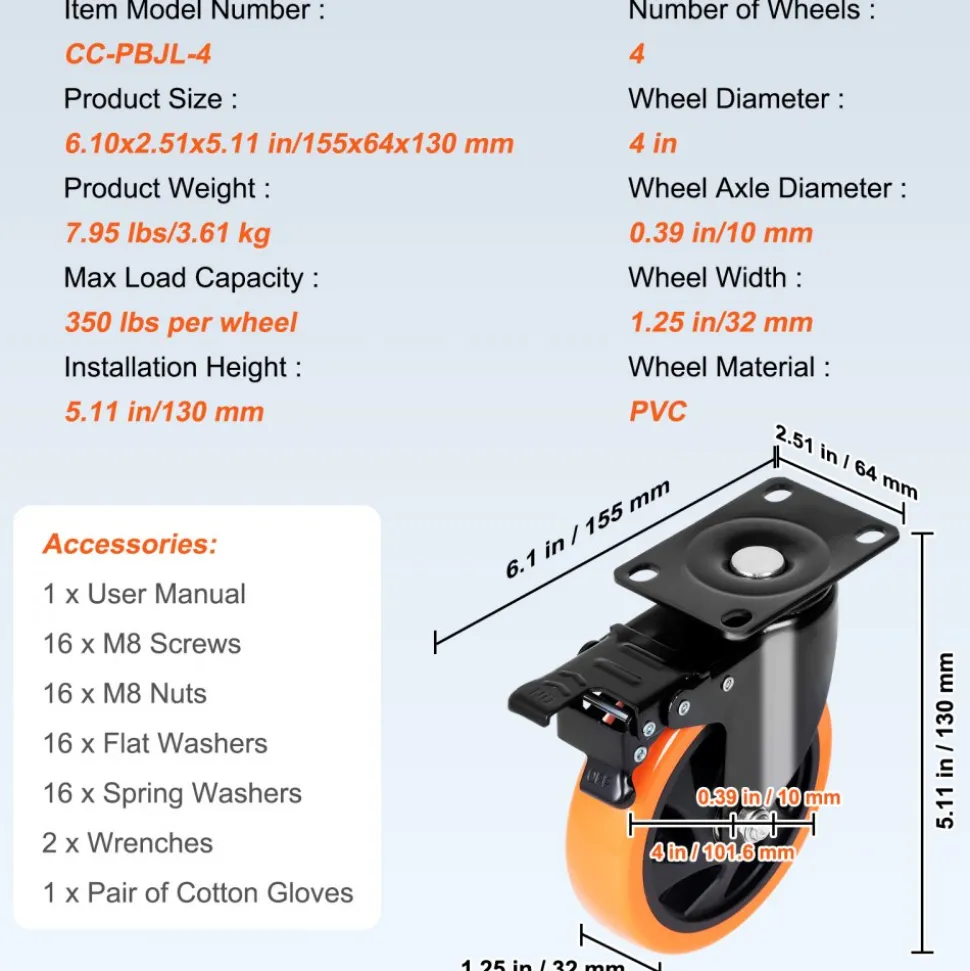 VEVOR Caster Wheels, 4-inch Swivel Plate Casters, Set of 4, with Security A/B Locking No Noise PVC Wheels, Heavy Duty 350 lbs Load Capacity Per Caster, Non-Marking Wheels for Cart Furniture Workbench