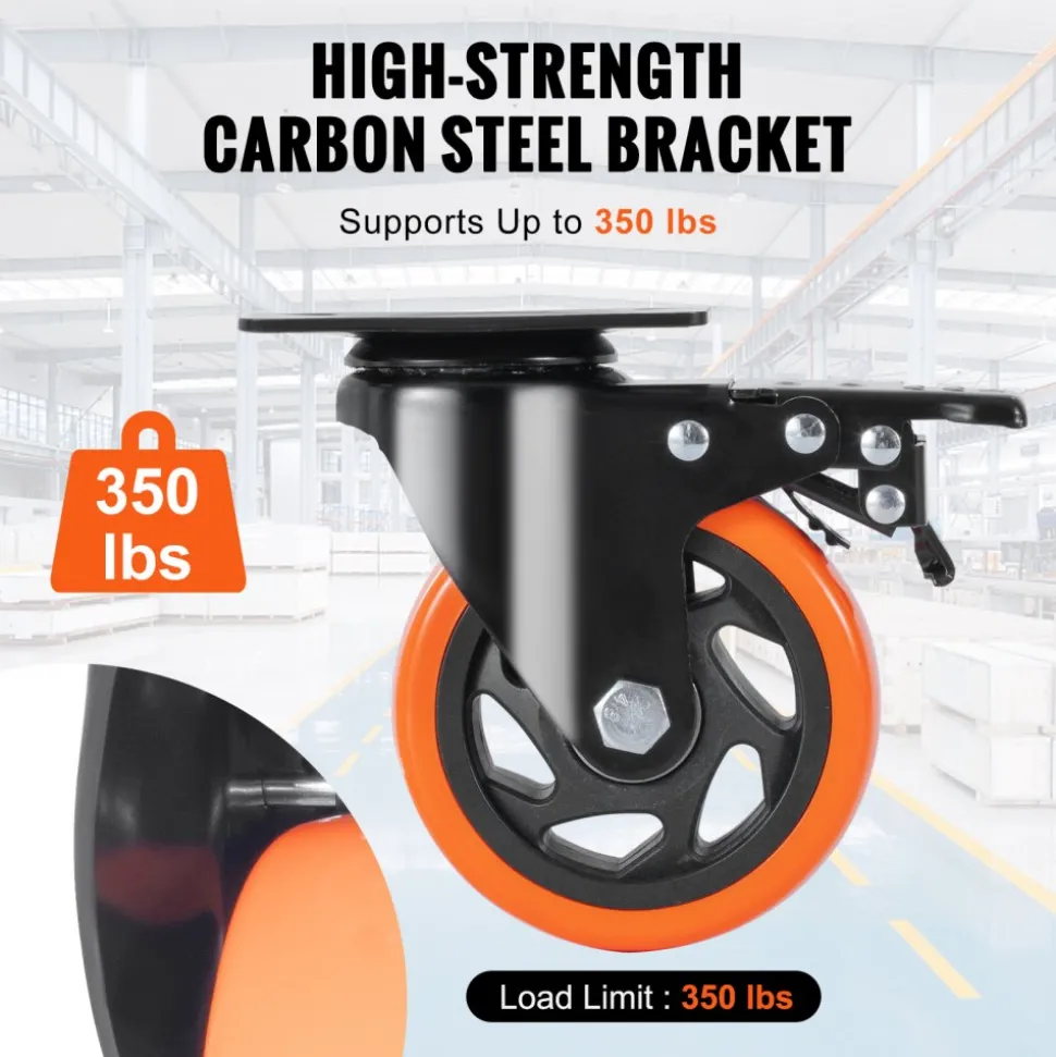 VEVOR Caster Wheels, 4-inch Swivel Plate Casters, Set of 4, with Security A/B Locking No Noise PVC Wheels, Heavy Duty 350 lbs Load Capacity Per Caster, Non-Marking Wheels for Cart Furniture Workbench