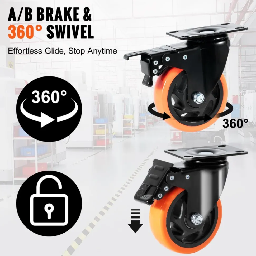 VEVOR Caster Wheels, 4-inch Swivel Plate Casters, Set of 4, with Security A/B Locking No Noise PVC Wheels, Heavy Duty 350 lbs Load Capacity Per Caster, Non-Marking Wheels for Cart Furniture Workbench