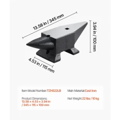 VEVOR Cast Iron Anvil, 22 Lbs/10kg Single Horn Anvil, with Large Countertop and Stable Base, High Hardness Rugged Round Horn Anvil Blacksmith, for Shaping, Bending