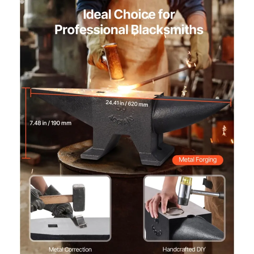 VEVOR Cast Iron Anvil, 105 Lbs Single Horn Anvil with Large Countertop and Stable Base, High Hardness Rugged Round Horn Anvil Blacksmith, for Bending, Shaping