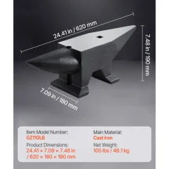 VEVOR Cast Iron Anvil, 105 Lbs Single Horn Anvil with Large Countertop and Stable Base, High Hardness Rugged Round Horn Anvil Blacksmith, for Bending, Shaping