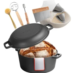 VEVOR Cast Iron Dutch Oven, 2-in-1 Pre-Seasoned Pot with Skillet Lid, 5QT Cookware Pan with Proofing Basket, Bread Baking Accessories, Bread-Oven Compatible 500℉