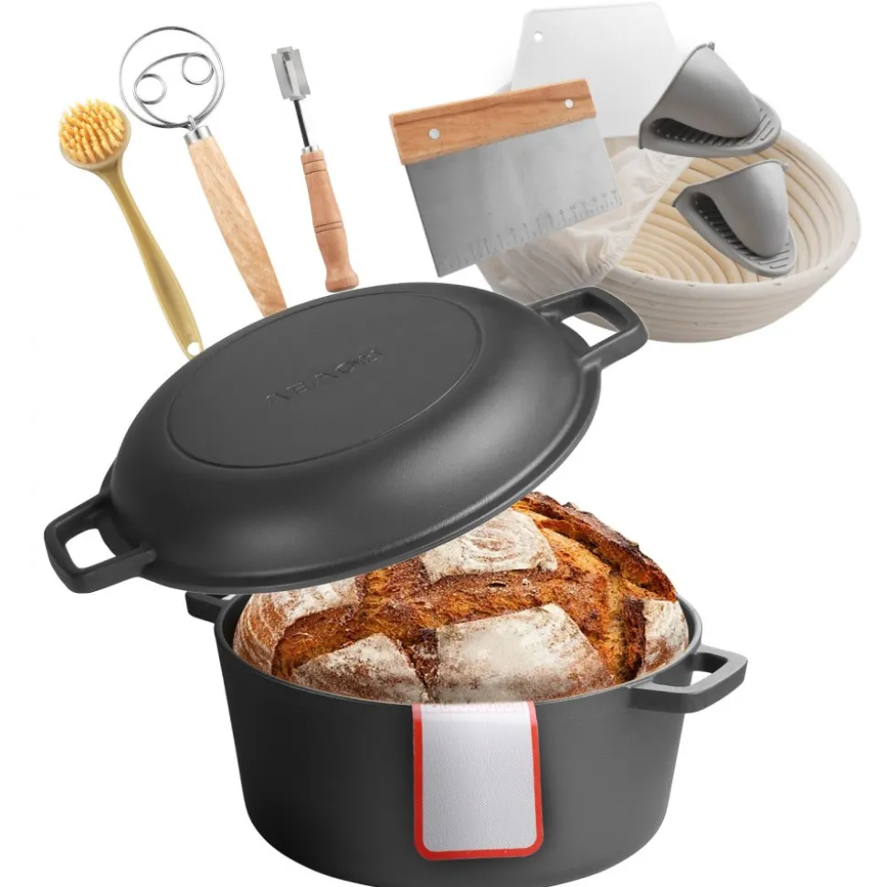 VEVOR Cast Iron Dutch Oven, 2-in-1 Pre-Seasoned Pot with Skillet Lid, 5QT Cookware Pan with Proofing Basket, Bread Baking Accessories, Bread-Oven Compatible 500℉