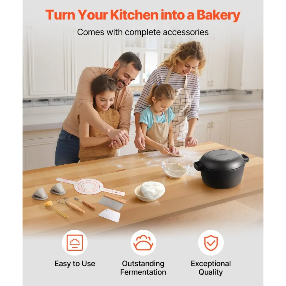 VEVOR Cast Iron Dutch Oven, 2-in-1 Pre-Seasoned Pot with Skillet Lid, 5QT Cookware Pan with Proofing Basket, Bread Baking Accessories, Bread-Oven Compatible 500℉