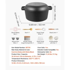 VEVOR Cast Iron Dutch Oven, 2-in-1 Pre-Seasoned Pot with Skillet Lid, 5QT Cookware Pan with Proofing Basket, Bread Baking Accessories, Bread-Oven Compatible 500℉