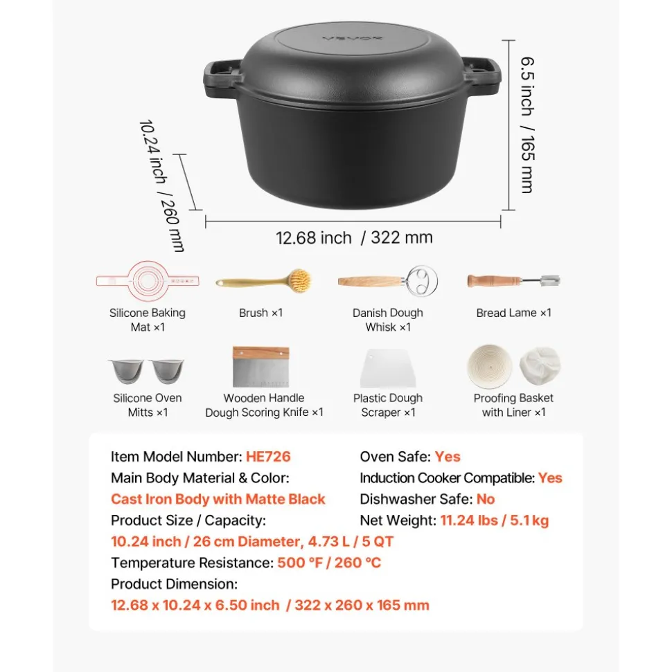 VEVOR Cast Iron Dutch Oven, 2-in-1 Pre-Seasoned Pot with Skillet Lid, 5QT Cookware Pan with Proofing Basket, Bread Baking Accessories, Bread-Oven Compatible 500℉