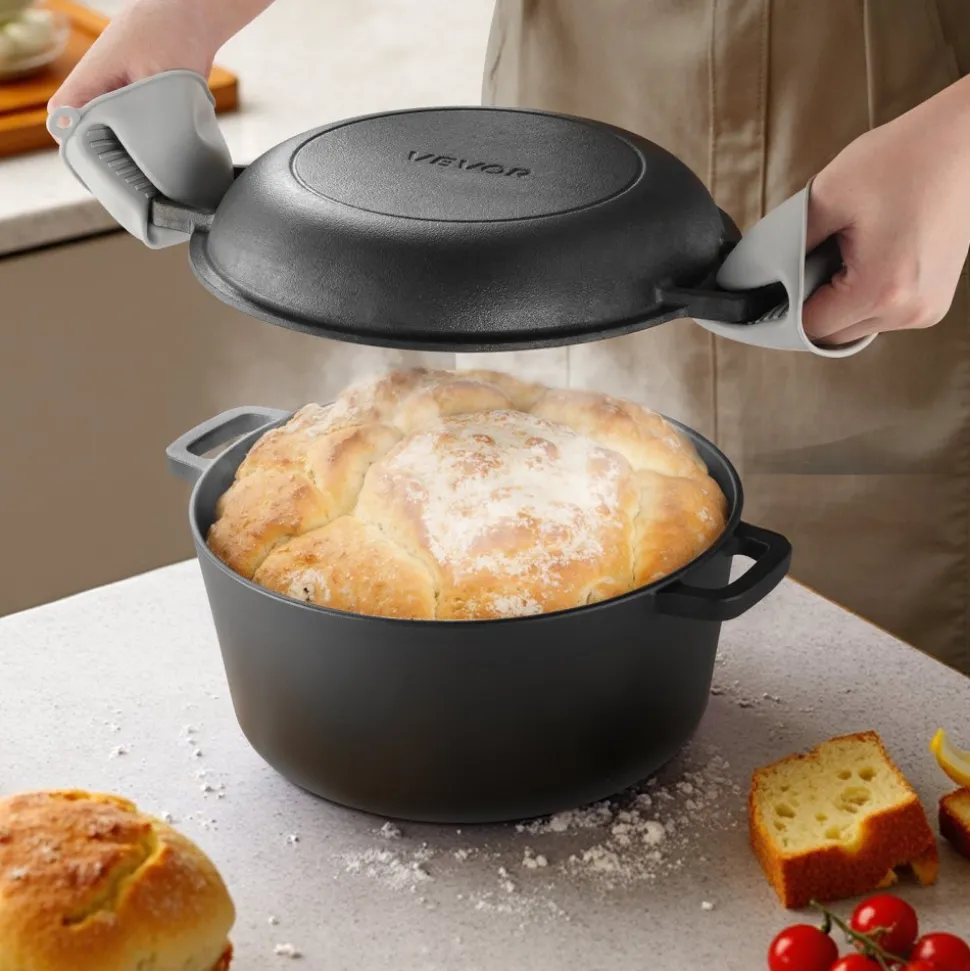 VEVOR Cast Iron Dutch Oven, 2-in-1 Pre-Seasoned Pot with Skillet Lid, 5QT Cookware Pan with Proofing Basket, Bread Baking Accessories, Bread-Oven Compatible 500℉