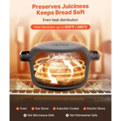 VEVOR Cast Iron Dutch Oven, 2-in-1 Pre-Seasoned Pot with Skillet Lid, 5QT Cookware Pan with Proofing Basket, Bread Baking Accessories, Bread-Oven Compatible 500℉