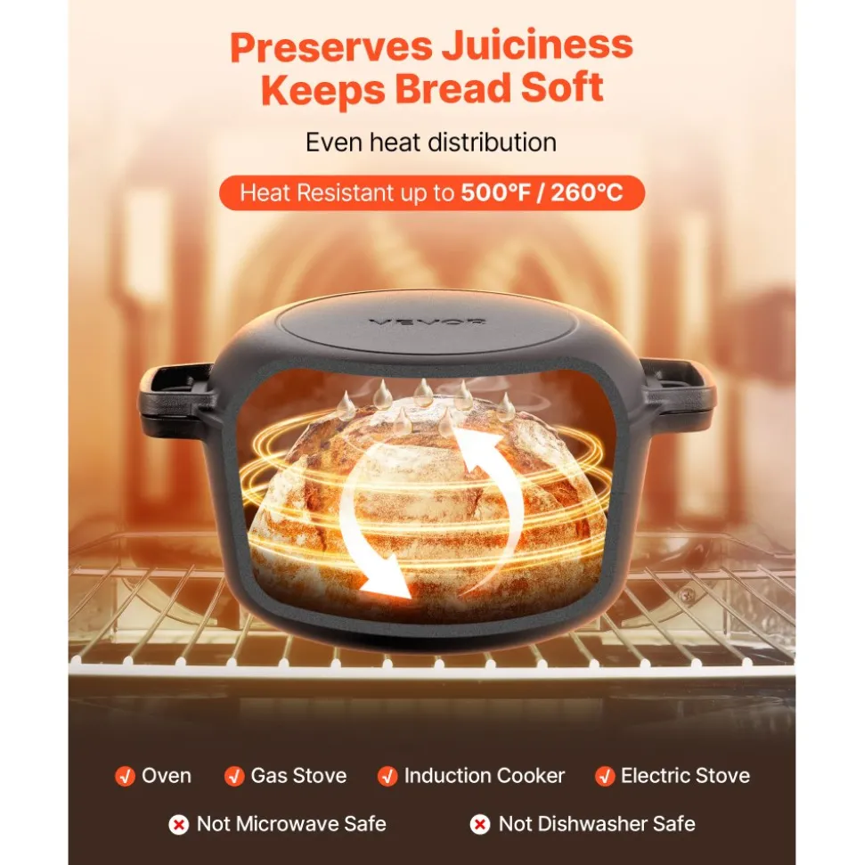 VEVOR Cast Iron Dutch Oven, 2-in-1 Pre-Seasoned Pot with Skillet Lid, 5QT Cookware Pan with Proofing Basket, Bread Baking Accessories, Bread-Oven Compatible 500℉