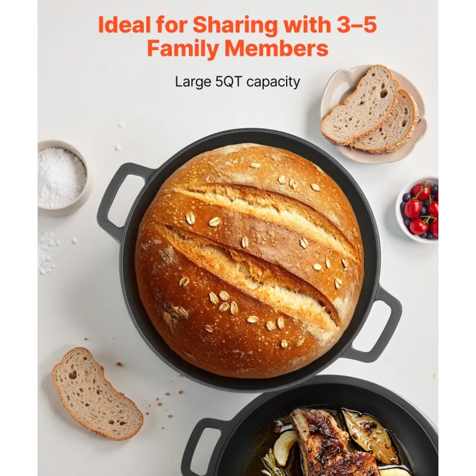 VEVOR Cast Iron Dutch Oven, 2-in-1 Pre-Seasoned Pot with Skillet Lid, 5QT Cookware Pan with Proofing Basket, Bread Baking Accessories, Bread-Oven Compatible 500℉