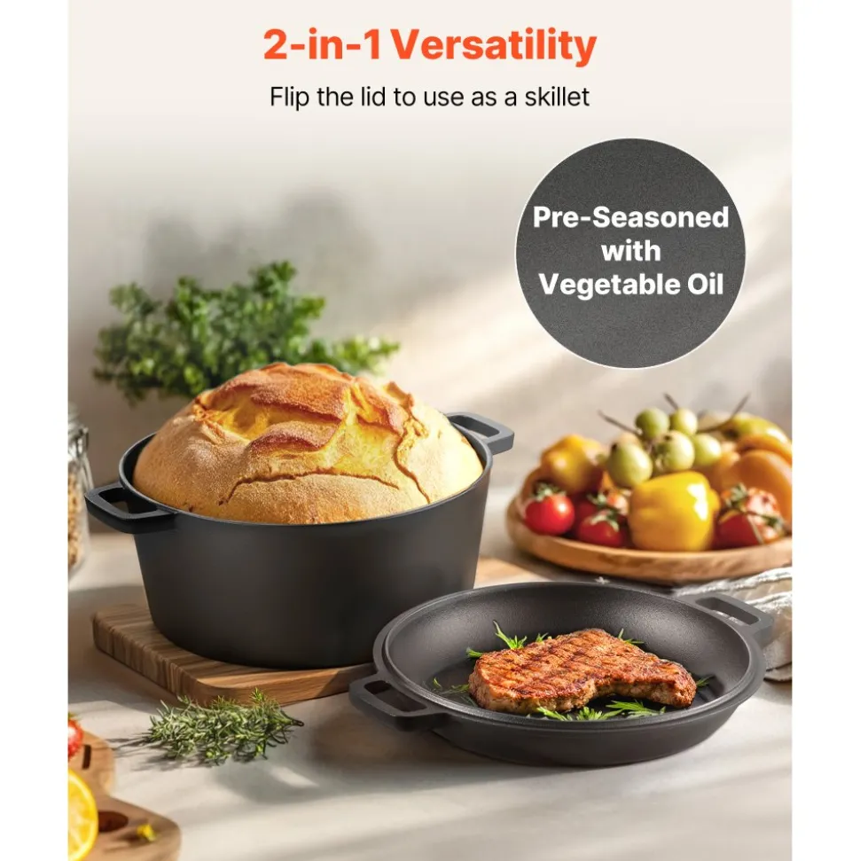 VEVOR Cast Iron Dutch Oven, 2-in-1 Pre-Seasoned Pot with Skillet Lid, 5QT Cookware Pan with Proofing Basket, Bread Baking Accessories, Bread-Oven Compatible 500℉