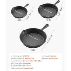 VEVOR Cast Iron Skillet, 3-Piece Frying Pan Set (6, 8, 10 in), Heavy-Duty Skillets with Heat-Resistant Handle, Pre-Seasoned Chef's Pan, Kitchen Cookware, for Oven, Gas, Electrical, Induction, Black