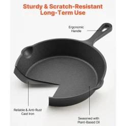 VEVOR Cast Iron Skillet, 3-Piece Frying Pan Set (6, 8, 10 in), Heavy-Duty Skillets with Heat-Resistant Handle, Pre-Seasoned Chef's Pan, Kitchen Cookware, for Oven, Gas, Electrical, Induction, Black