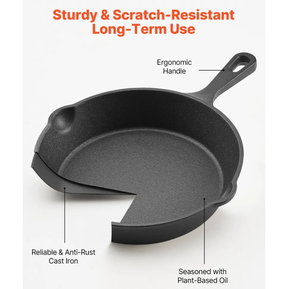VEVOR Cast Iron Skillet, 3-Piece Frying Pan Set (6, 8, 10 in), Heavy-Duty Skillets with Heat-Resistant Handle, Pre-Seasoned Chef's Pan, Kitchen Cookware, for Oven, Gas, Electrical, Induction, Black