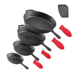 VEVOR Cast Iron Skillet, 4-Piece Frying Pan Set (6, 8, 10, 12 in), Skillets with Heat-Resistant Silicone Handle, Pre-Seasoned Chef's Pan, Kitchen Cookware, for Oven, Gas, Electrical, Induction, Black
