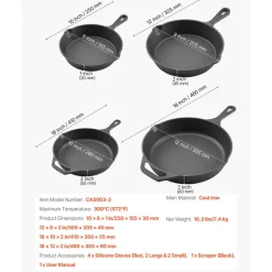 VEVOR Cast Iron Skillet, 4-Piece Frying Pan Set (6, 8, 10, 12 in), Skillets with Heat-Resistant Silicone Handle, Pre-Seasoned Chef's Pan, Kitchen Cookware, for Oven, Gas, Electrical, Induction, Black