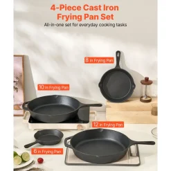 VEVOR Cast Iron Skillet, 4-Piece Frying Pan Set (6, 8, 10, 12 in), Skillets with Heat-Resistant Silicone Handle, Pre-Seasoned Chef's Pan, Kitchen Cookware, for Oven, Gas, Electrical, Induction, Black