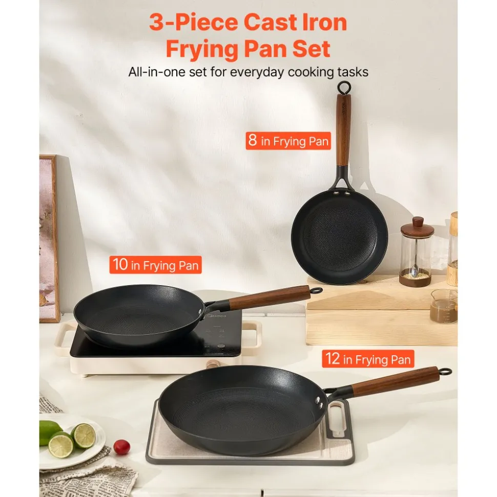 VEVOR Cast Iron Skillet, 3-Piece Frying Pan Set (8, 10, 12 in), Nonstick Skillets with Detachable Wood Handle, Pre-Seasoned Chef's Pan, Kitchen Cookware for Gas, Electrical, and Induction, Black