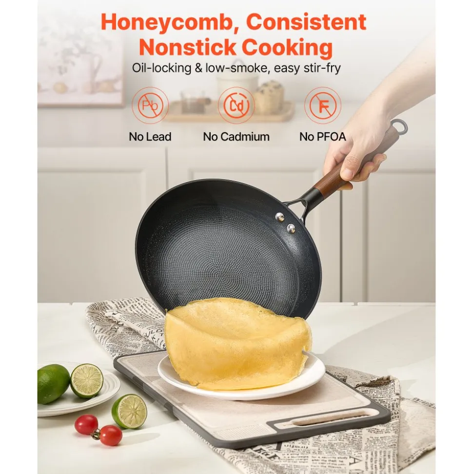 VEVOR Cast Iron Skillet, 3-Piece Frying Pan Set (8, 10, 12 in), Nonstick Skillets with Detachable Wood Handle, Pre-Seasoned Chef's Pan, Kitchen Cookware for Gas, Electrical, and Induction, Black