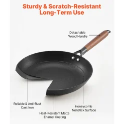 VEVOR Cast Iron Skillet, 3-Piece Frying Pan Set (8, 10, 12 in), Nonstick Skillets with Detachable Wood Handle, Pre-Seasoned Chef's Pan, Kitchen Cookware for Gas, Electrical, and Induction, Black