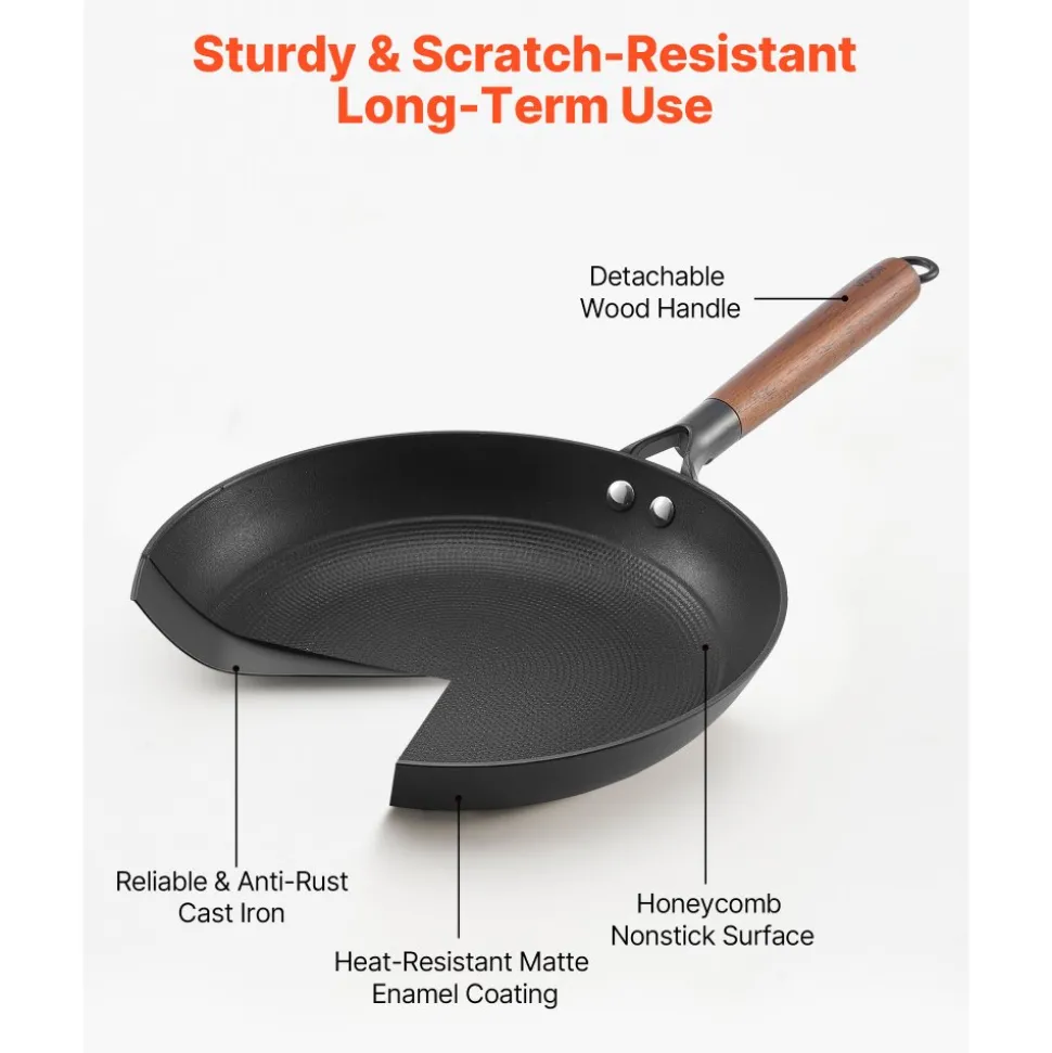 VEVOR Cast Iron Skillet, 3-Piece Frying Pan Set (8, 10, 12 in), Nonstick Skillets with Detachable Wood Handle, Pre-Seasoned Chef's Pan, Kitchen Cookware for Gas, Electrical, and Induction, Black