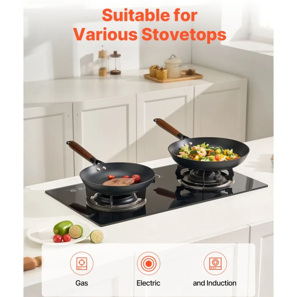 VEVOR Cast Iron Skillet, 3-Piece Frying Pan Set (8, 10, 12 in), Nonstick Skillets with Detachable Wood Handle, Pre-Seasoned Chef's Pan, Kitchen Cookware for Gas, Electrical, and Induction, Black
