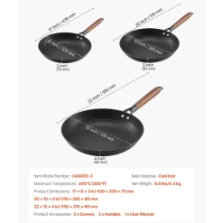 VEVOR Cast Iron Skillet, 3-Piece Frying Pan Set (8, 10, 12 in), Nonstick Skillets with Detachable Wood Handle, Pre-Seasoned Chef's Pan, Kitchen Cookware for Gas, Electrical, and Induction, Black