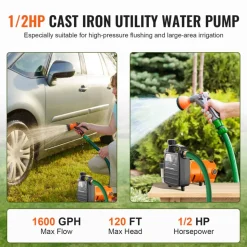 VEVOR Cast Iron Water Transfer Pump, 115V AC 1600 GPH 1/2HP, Portable Electric Utility Pump with Carbon Brush, Filter, Brass Connectors, for Garden, Rain Barrel, Pool, Pond, Hot Tub, Aquarium Draining