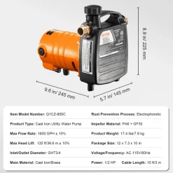 VEVOR Cast Iron Water Transfer Pump, 115V AC 1600 GPH 1/2HP, Portable Electric Utility Pump with Carbon Brush, Filter, Brass Connectors, for Garden, Rain Barrel, Pool, Pond, Hot Tub, Aquarium Draining