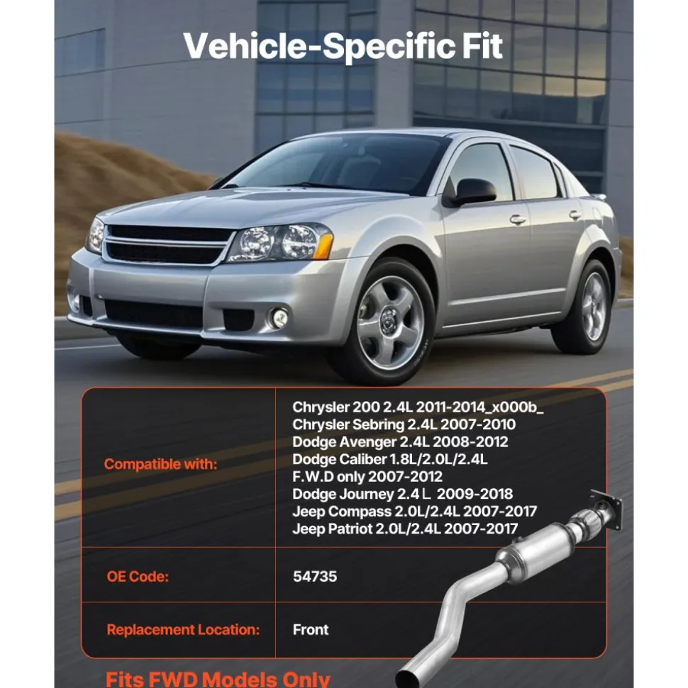 VEVOR Catalytic Converter, Compatible with Chrysler 200 Sebring/Dodge Avenger Caliber Journey /Jeep Compass Patriot, 2.4L L4, Front, Replacement OE 54735, Stainless Steel, for Exhaust Gas Purification